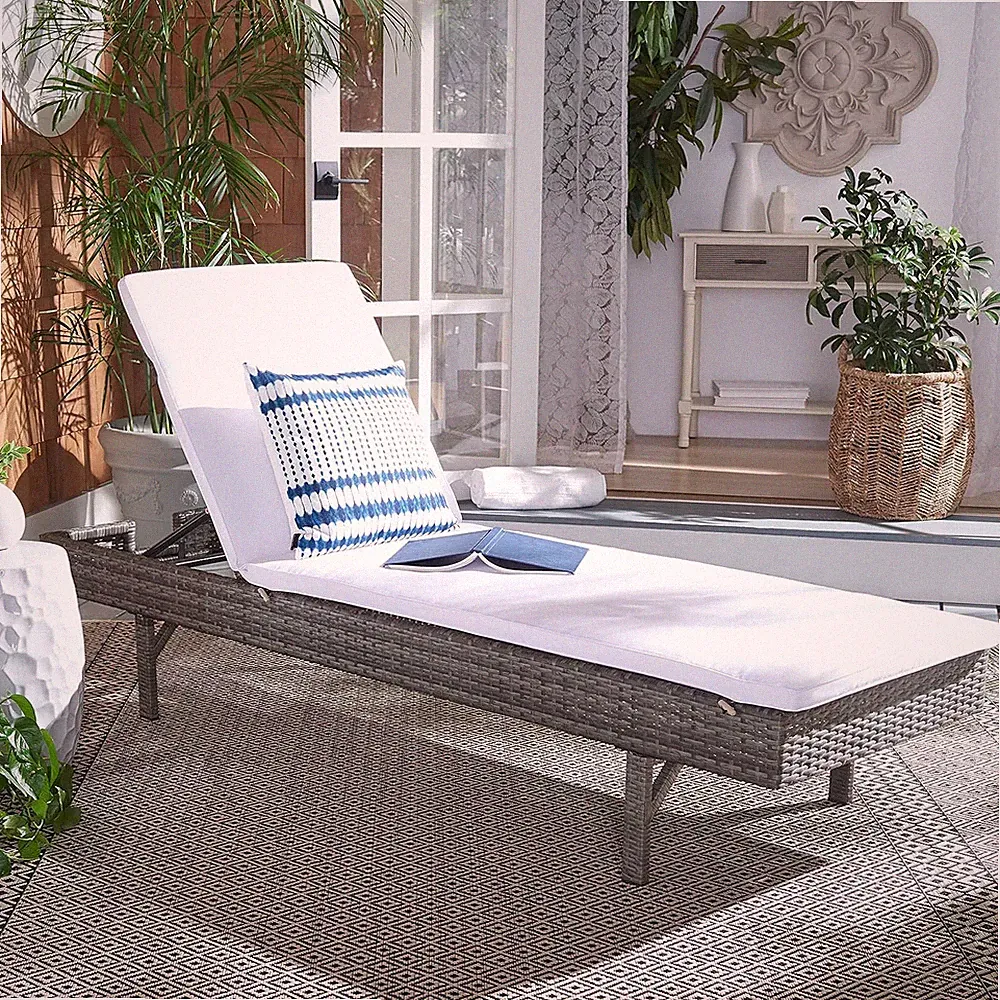 Adjustable Outdoor Chaise Lounge Chair, Grey Brown Wicker & White Cushion