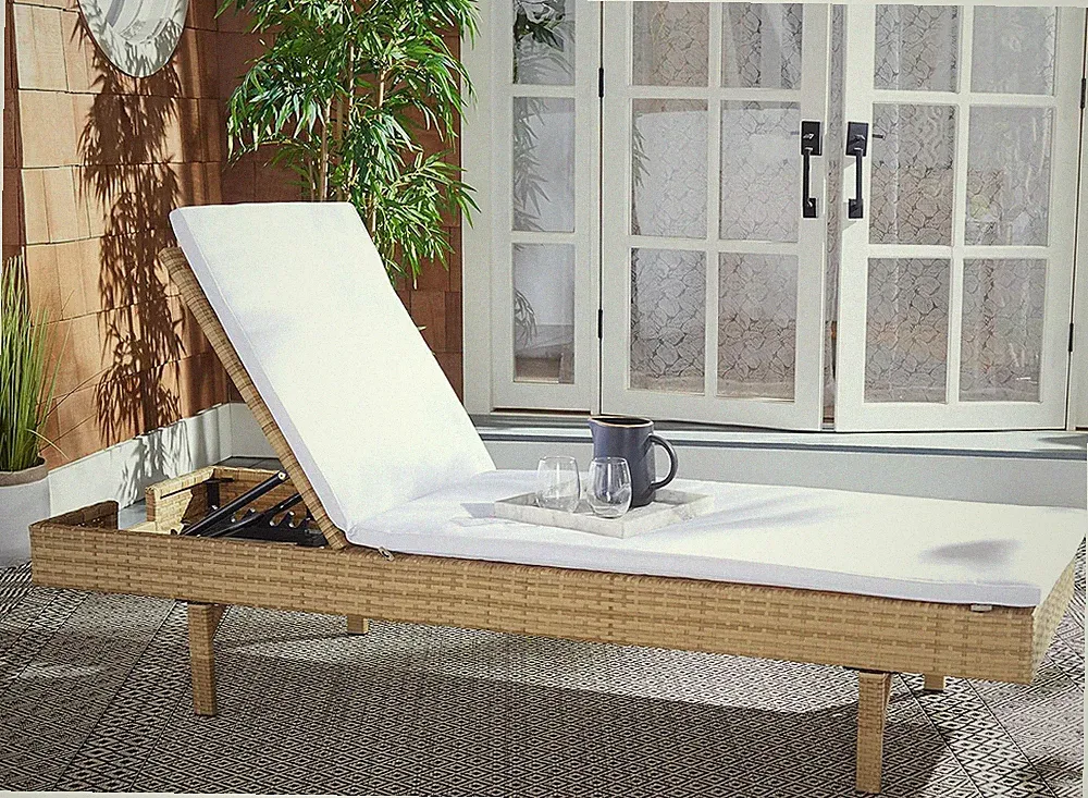 Adjustable Outdoor Chaise Lounge Chair in Natural Brown Wicker with Cushions