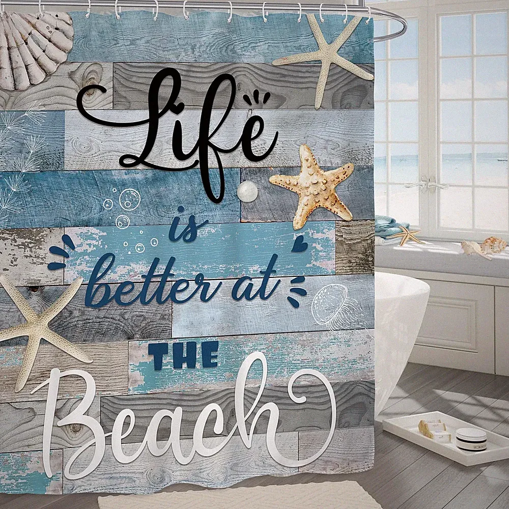Beach Coastal Nautical Bathroom Shower Curtain 60W by 71H Inch Starfish Ocean