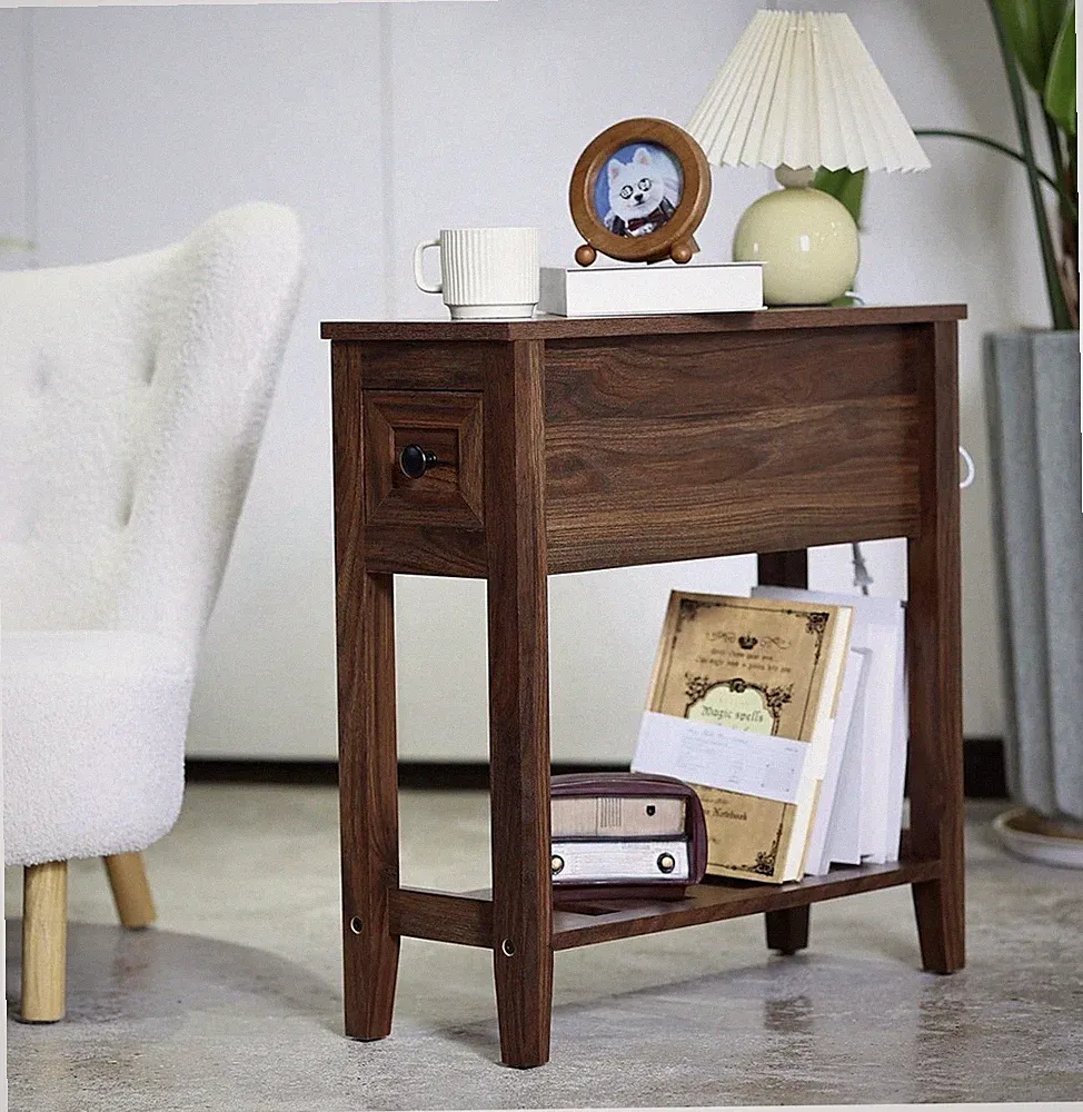 Chairside Narrow End Table, Solid Recliner Side Table with Drawer