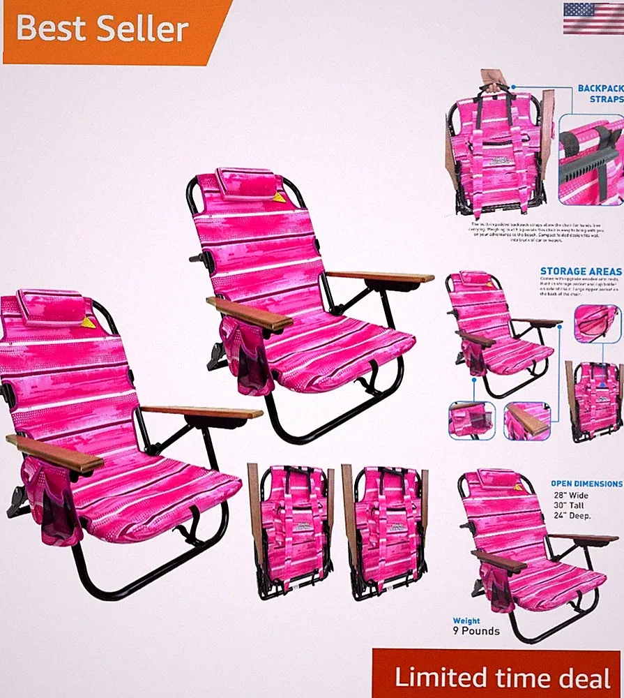 Comfort & Style Combined - 2 Lightweight Backpack Beach Chairs with Cup Holders