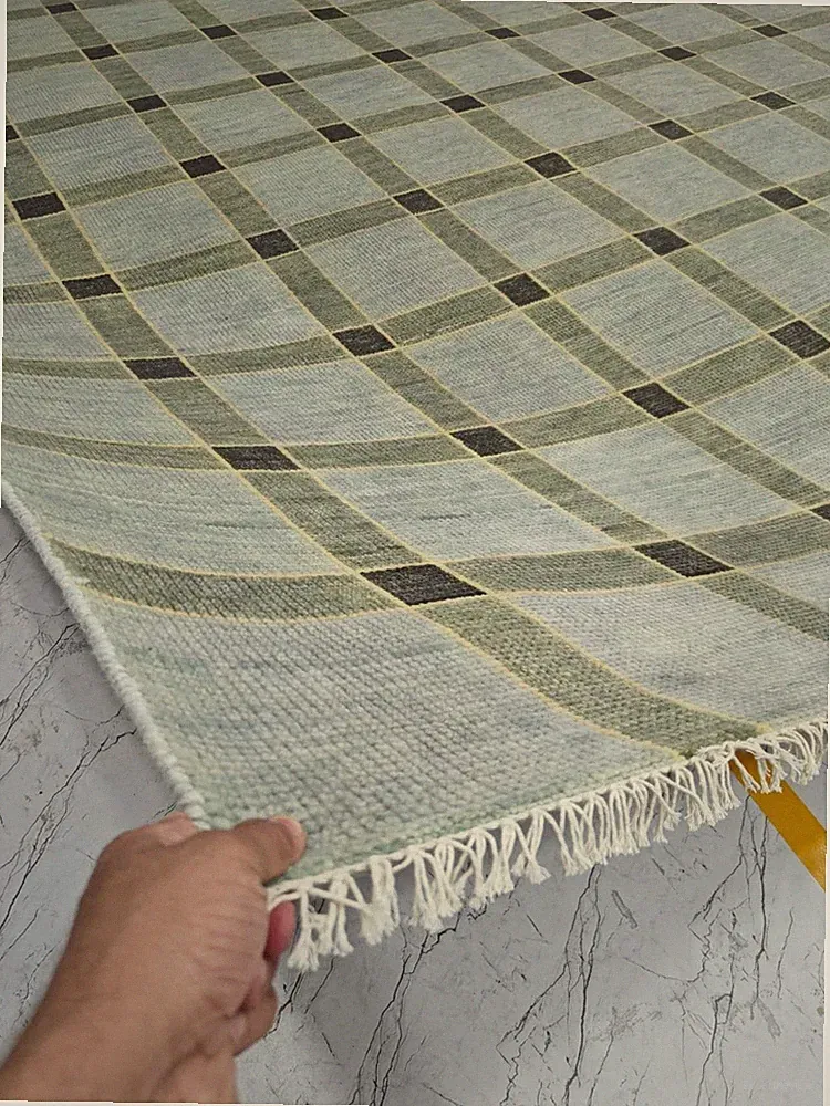 Hand-Knotted Green Checkered Modern Rug 9x12 10x14 Wool for Living Room