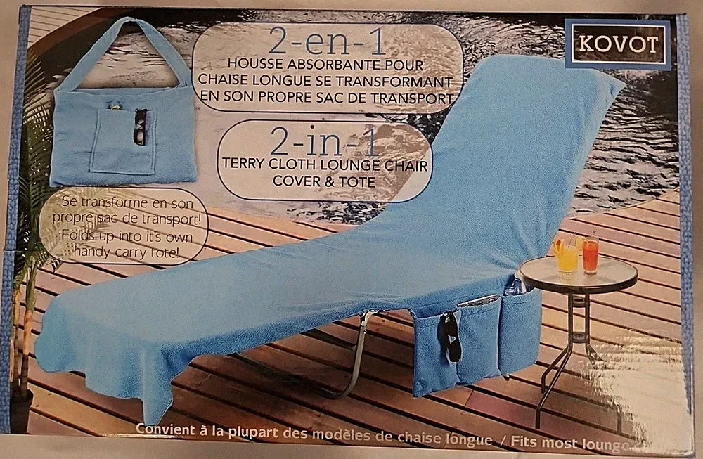 KOVOT 2-in-1 Lounge Chair Towel Cover & Beach Tote Bag - Blue 84"x26" New