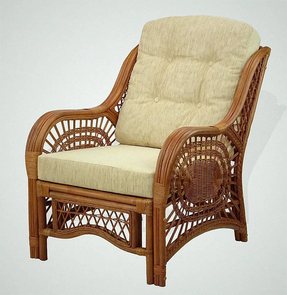 Lounge Armchair Malibu Handmade Rattan Wicker w/ Cream Cushions, Cognac