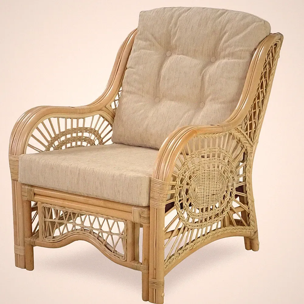Lounge Armchair Malibu Handmade Rattan Wicker w/ Cream Cushions, Natural
