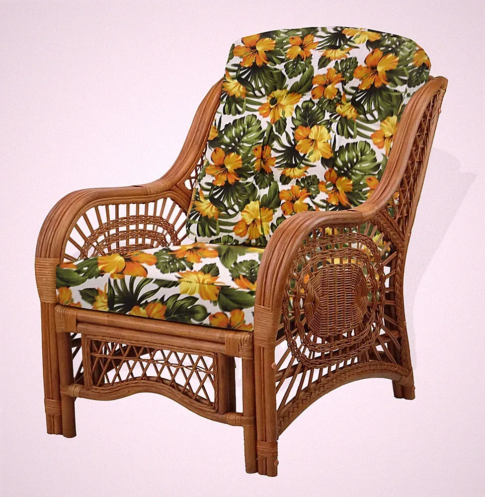 Lounge Armchair Malibu Handmade Rattan Wicker w/ Floral Cushions, Cognac
