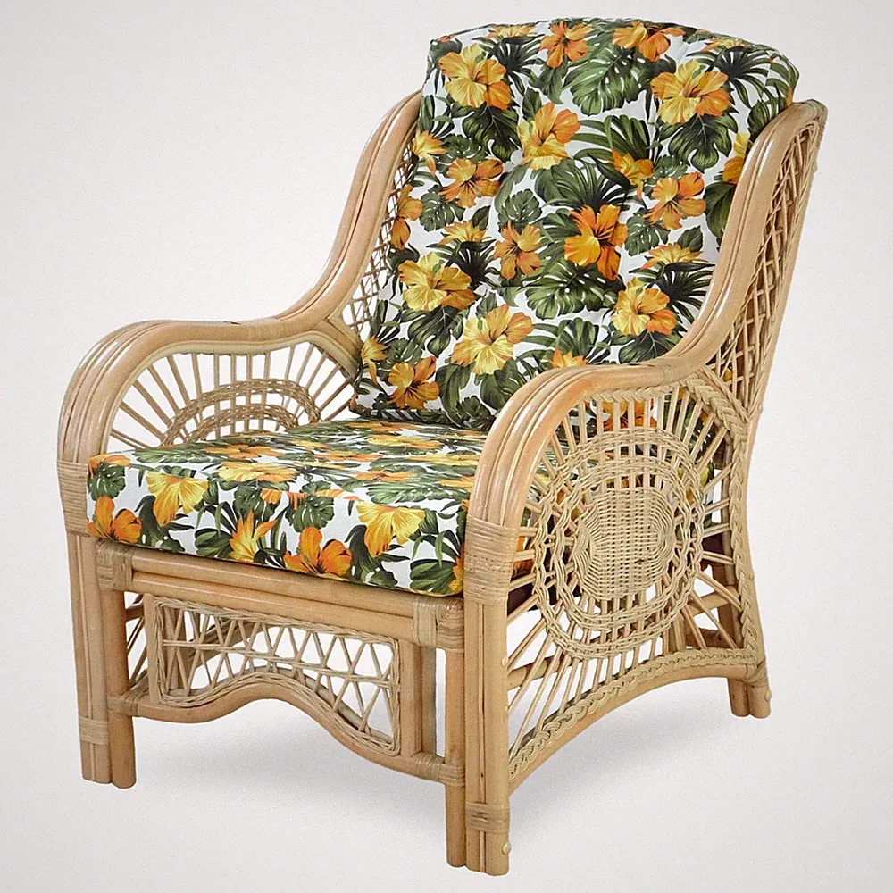 Lounge Armchair Malibu Handmade Rattan Wicker w/ Floral Cushions, Natural