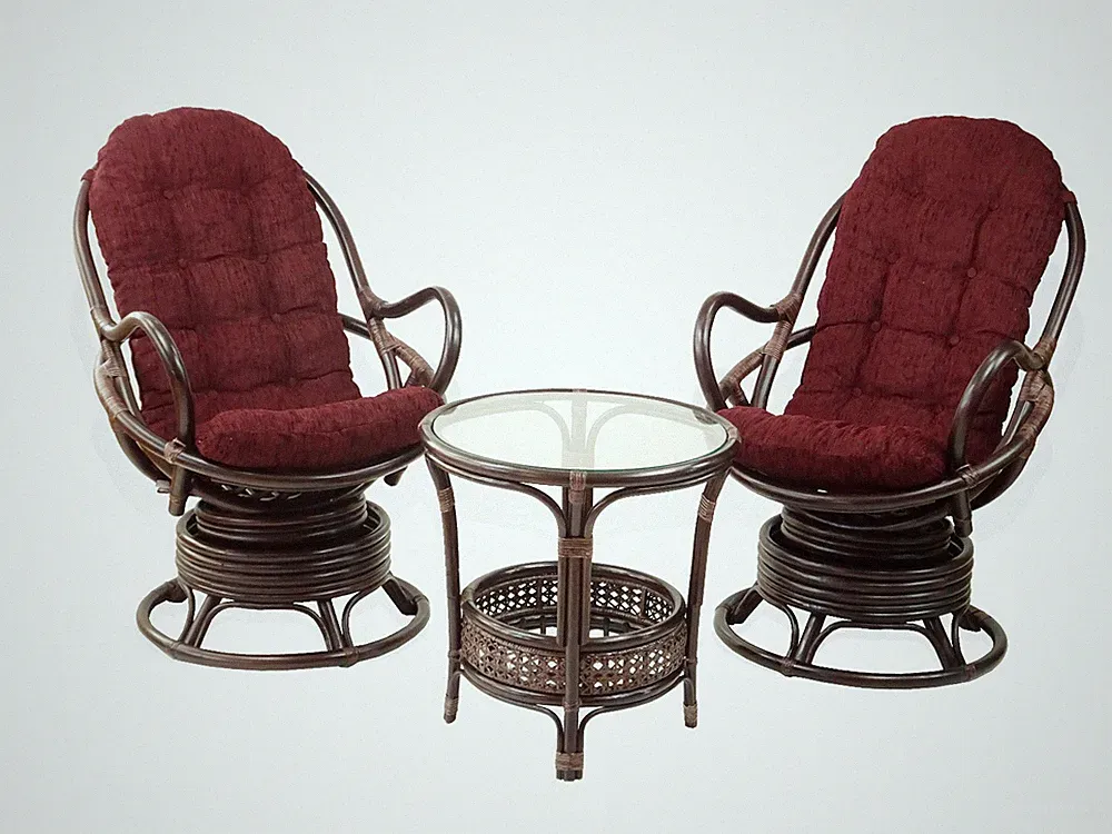 Lounge Java Set of 2 Swivel Rocking Chairs Rattan and Coffee Table, Dark Brown