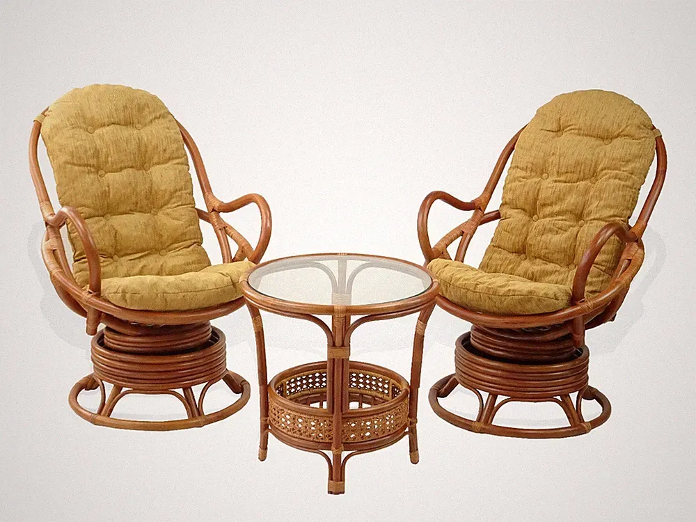 Lounge Set of 2 Swivel Rocking Java Chairs Rattan Wiker and Coffee Table, Cognac