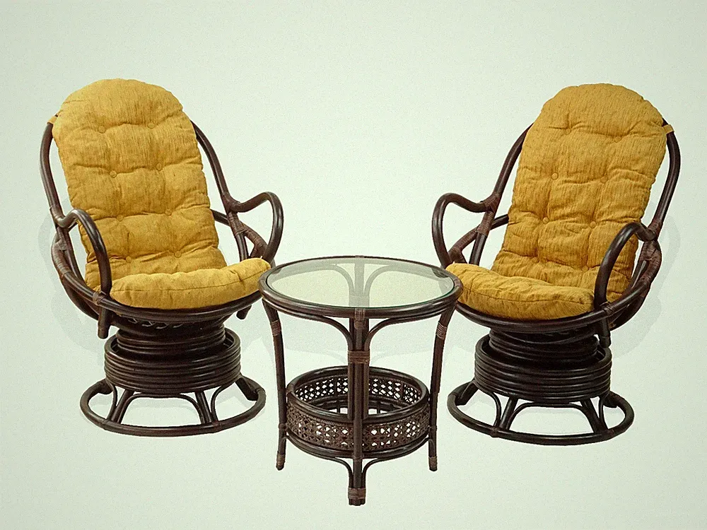 Lounge Set of 2 Swivel Rocking Java Rattan Chairs and Coffee Table, Dark Brown