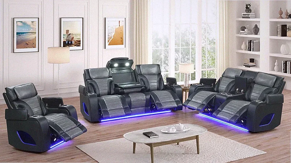 New Listing NEW Black LED Power Recliner 3PC Sofa Loveseat Chair Set Bluetooth Speaker & USB