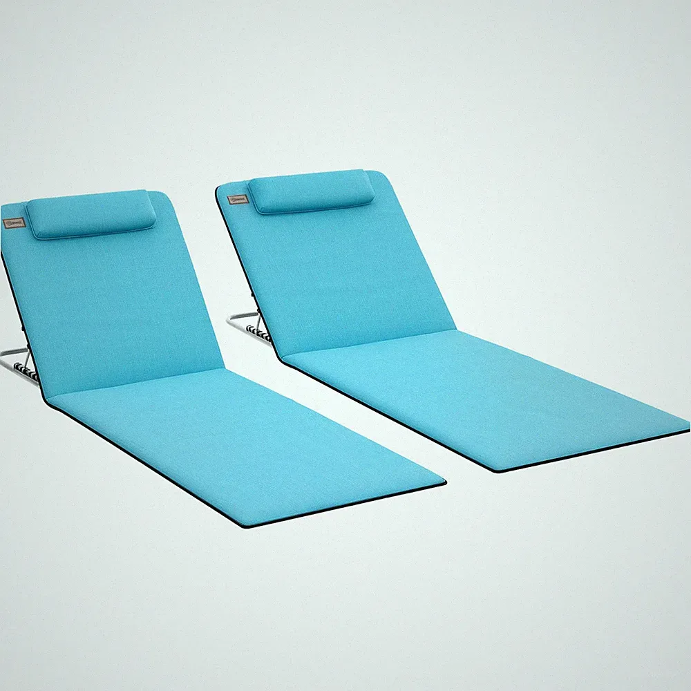 Outsunny 2 Pieces Outdoor Beach Mat Steel Reclining Chair Set Light Blue