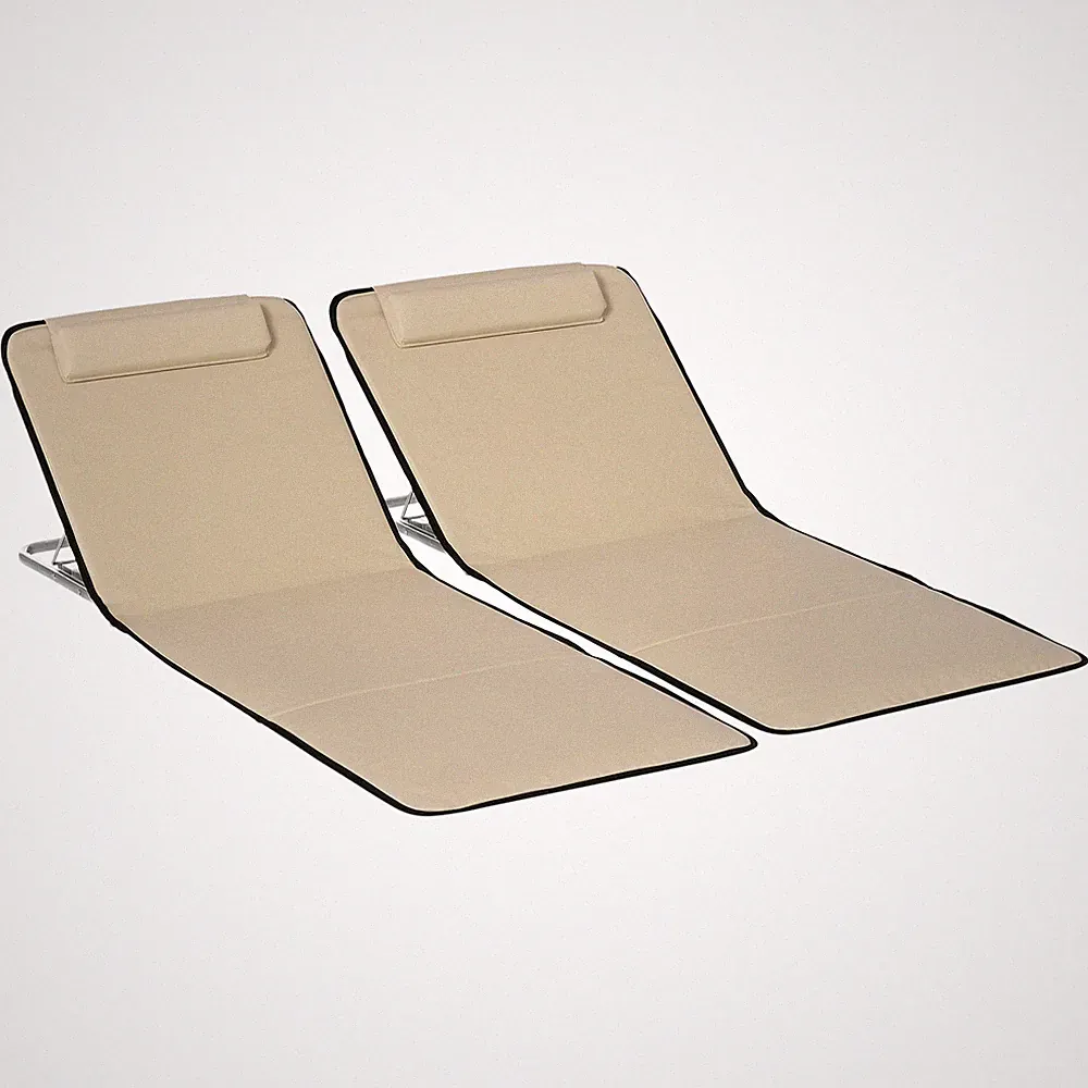 Outsunny 2 Pieces Outdoor Beach Mat Steel Reclining Chair Set w/ Pillow Beige