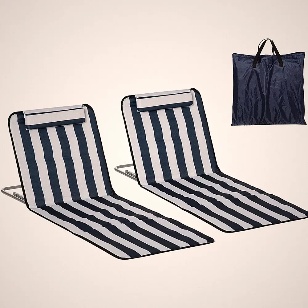 Outsunny 2 Pieces Outdoor Beach Mat Steel Reclining Chair Set w/ Pillow Blue