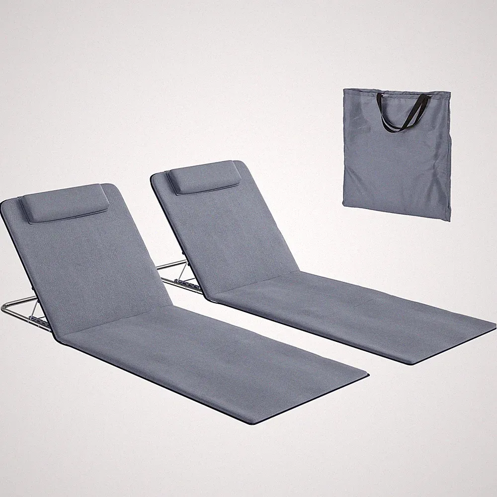 Outsunny 2 Pieces Outdoor Beach Mat Steel Reclining Chair Set w/ Pillow Grey