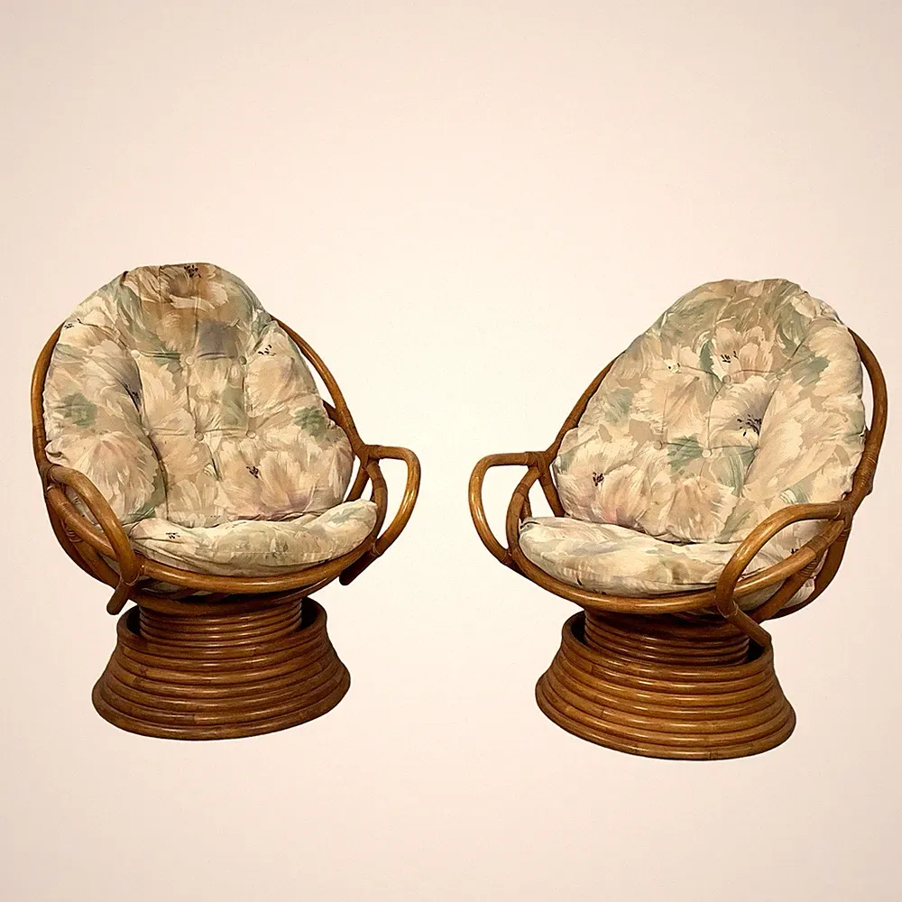 Pair Vintage Rattan Swivel Egg Pod Lounge Chairs Stacked Pedestal Base Tufted