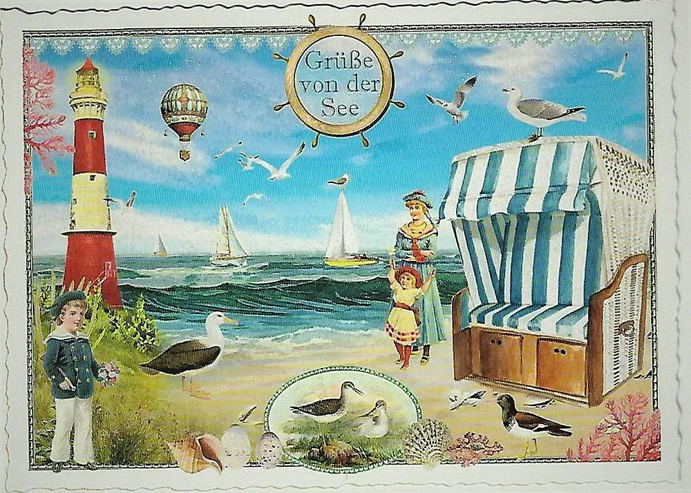Postcard Glitter Tausendschoen Hooded Beach Chair Seagulls Postcrossing