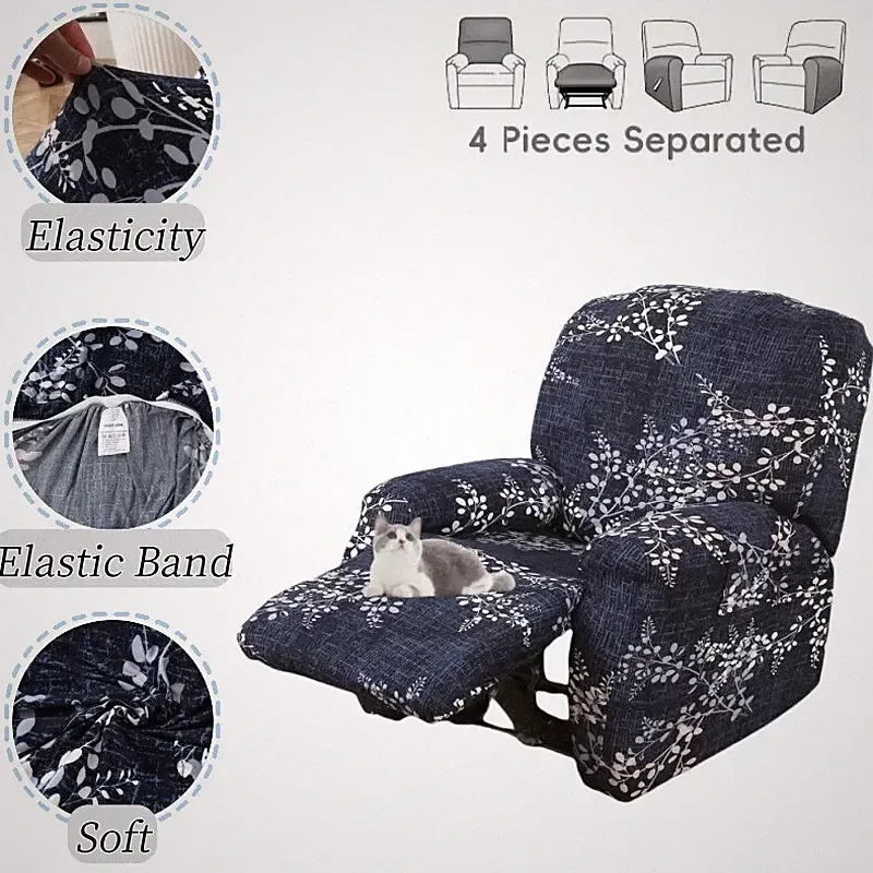 Recliner Cover Elastic Bottom Protector Printed Sofa Slipcover with Side Pockets