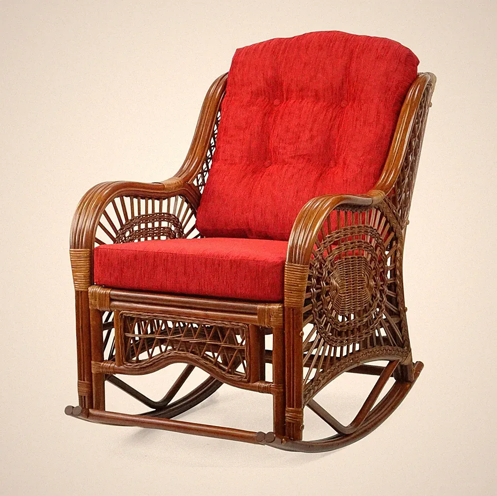 Rocking Malibu Lounge Chair ECO Rattan Wicker Handmade Cognac w Burgundy Cushion