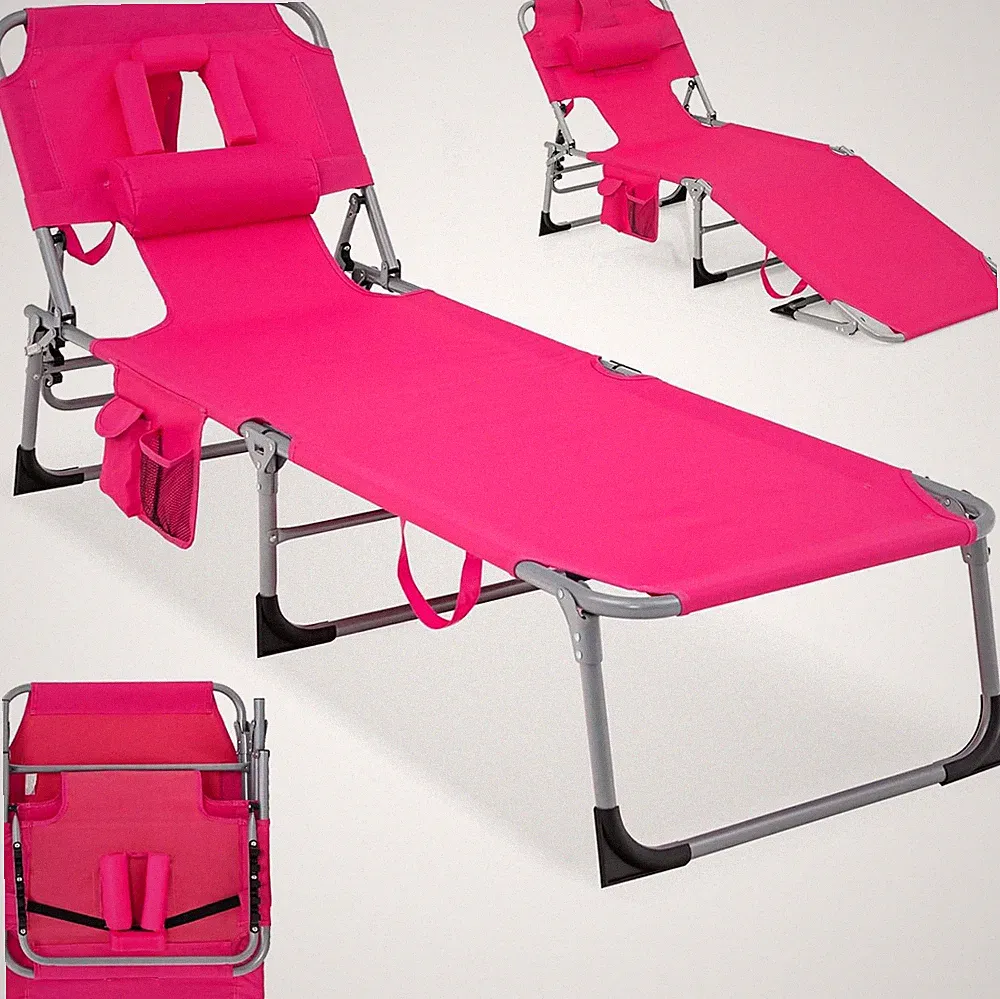 Tanning Chair, Folding Lounger with Face/Arm Holes, Carry Handles & Side Pocket