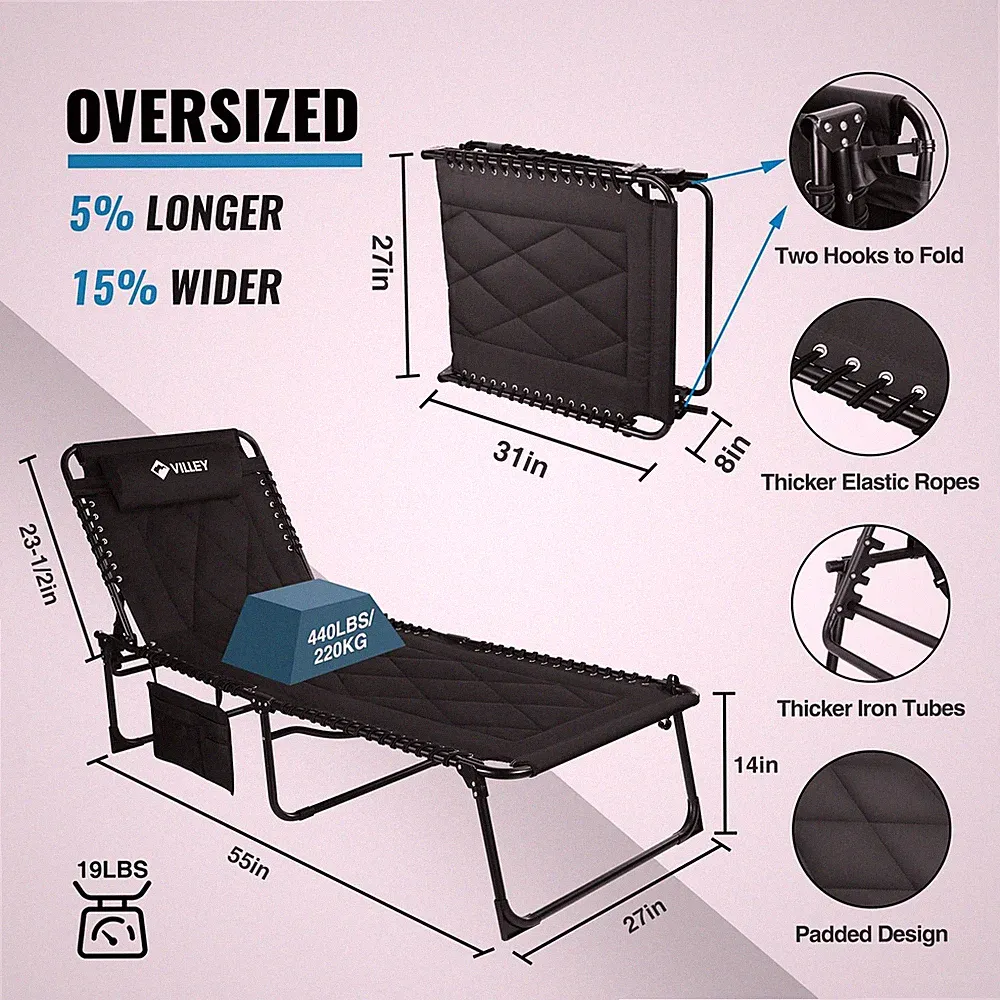 VILLEY Foldable Padded Chaise Lounge Camping Cot Patio Lounge Chair with Cushion