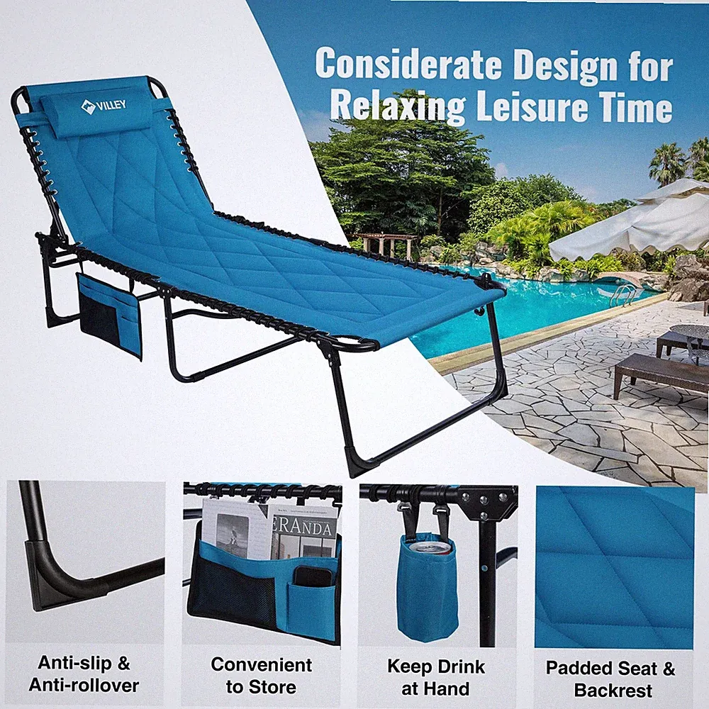 VILLEY NEW Folding Oversized Padded Chaise Lounge Camping Cot Patio Lounge Chair