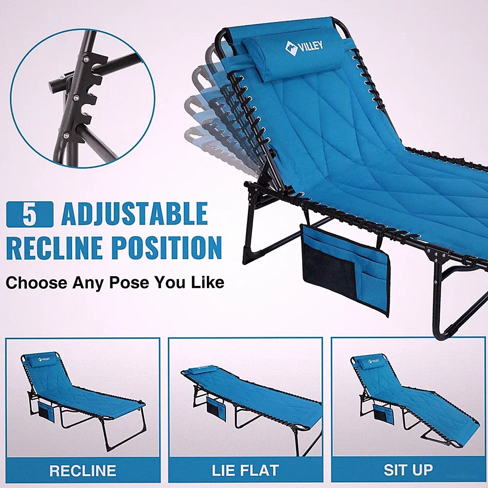 VILLEY NEW Oversized Chaise Lounge Padded Folding Camping Cot Patio Lounge Chair