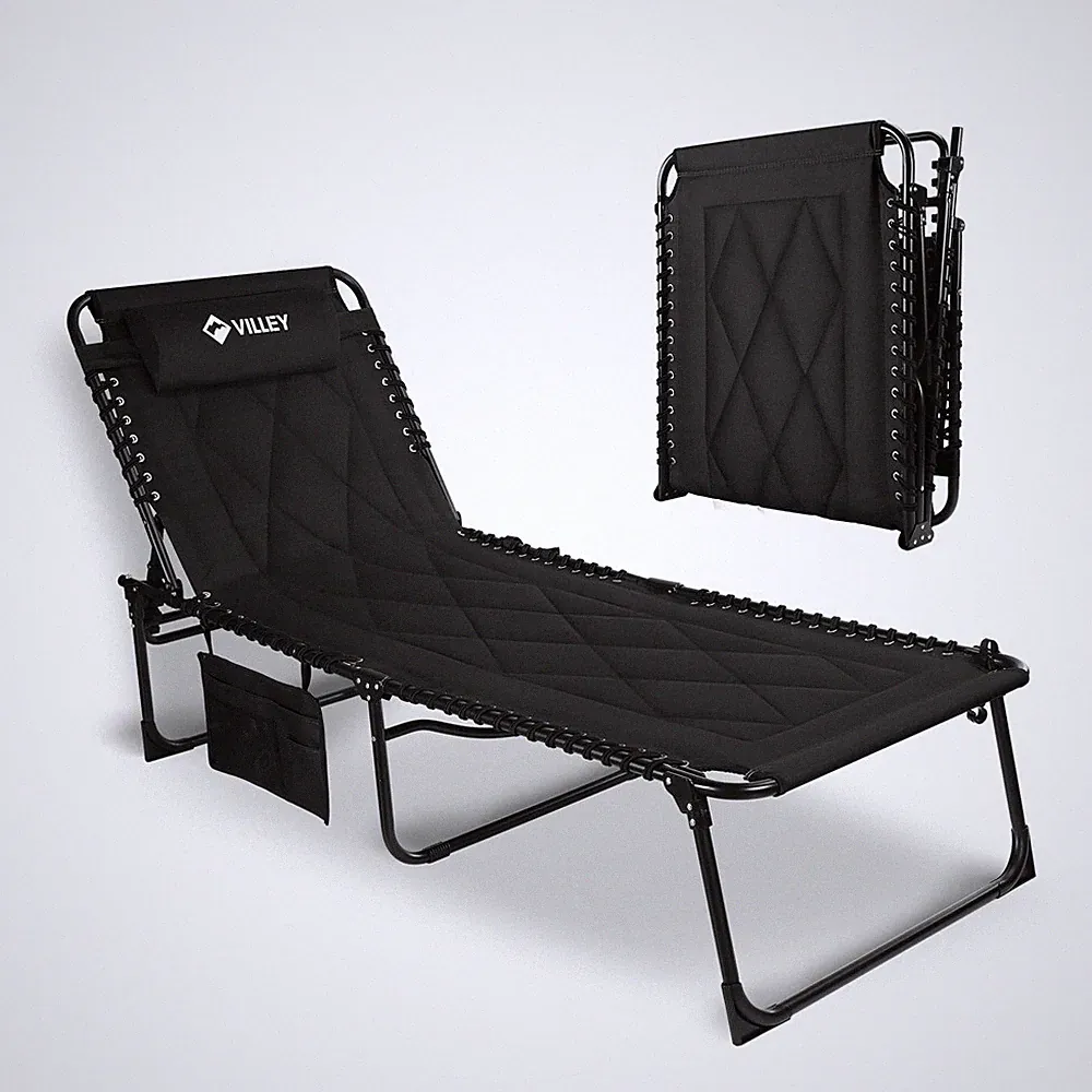 VILLEY Oversized Padded Chaise Lounge with Cushion, Foldable Camping Cot Black